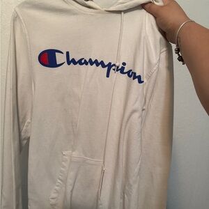 Champion Cream Hoodie with Blue and Red Logo